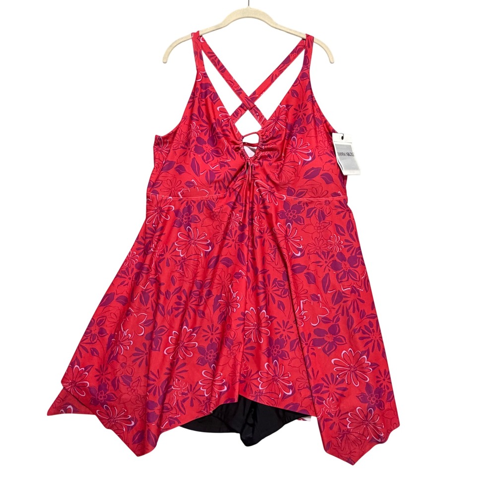 Hanna Nikole Swimdress Women 28W Red Floral Handkerchief Hem Plus Size Swimsuit